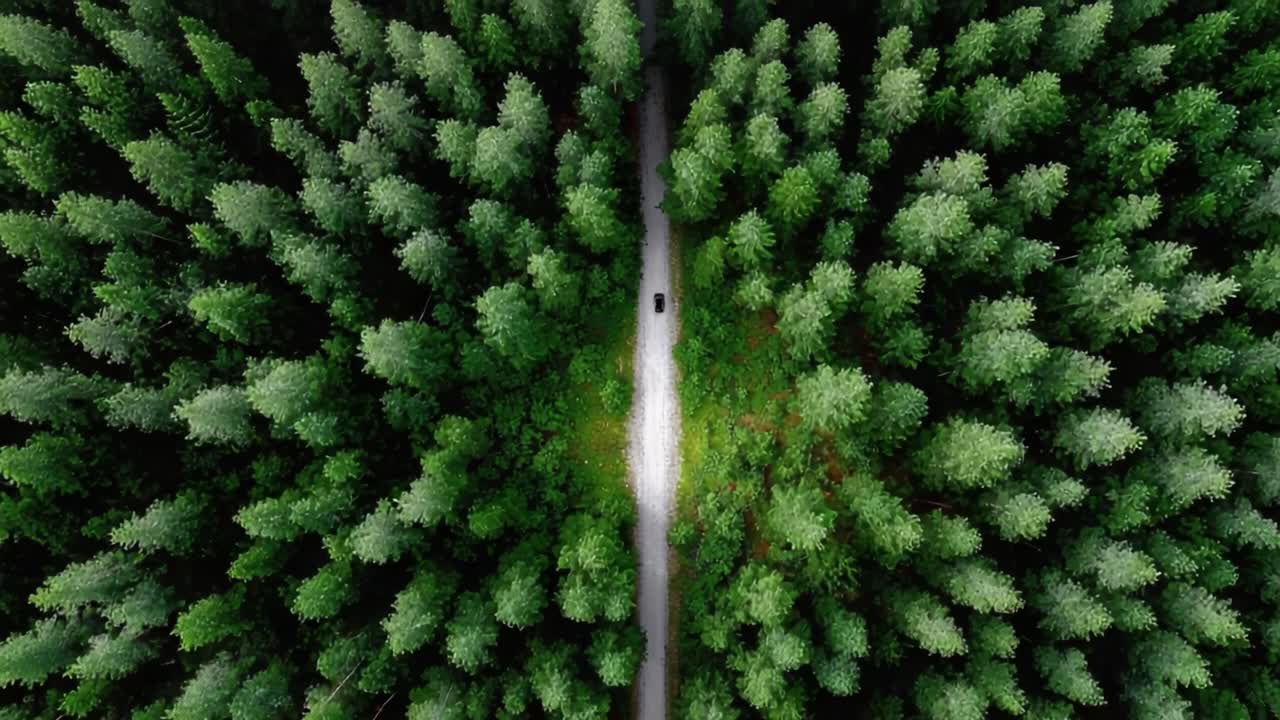 Vista aerea di un sentiero sereno nella foresta, circondato da una vegetazione verdeggiante, che mette in risalto la tranquillità della natura e la presenza di una strada remota tra gli alberi ad alto fusto