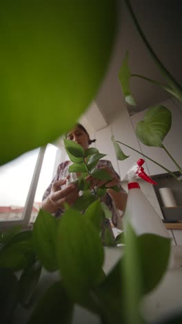 woman caring for houseplants in a kitchen