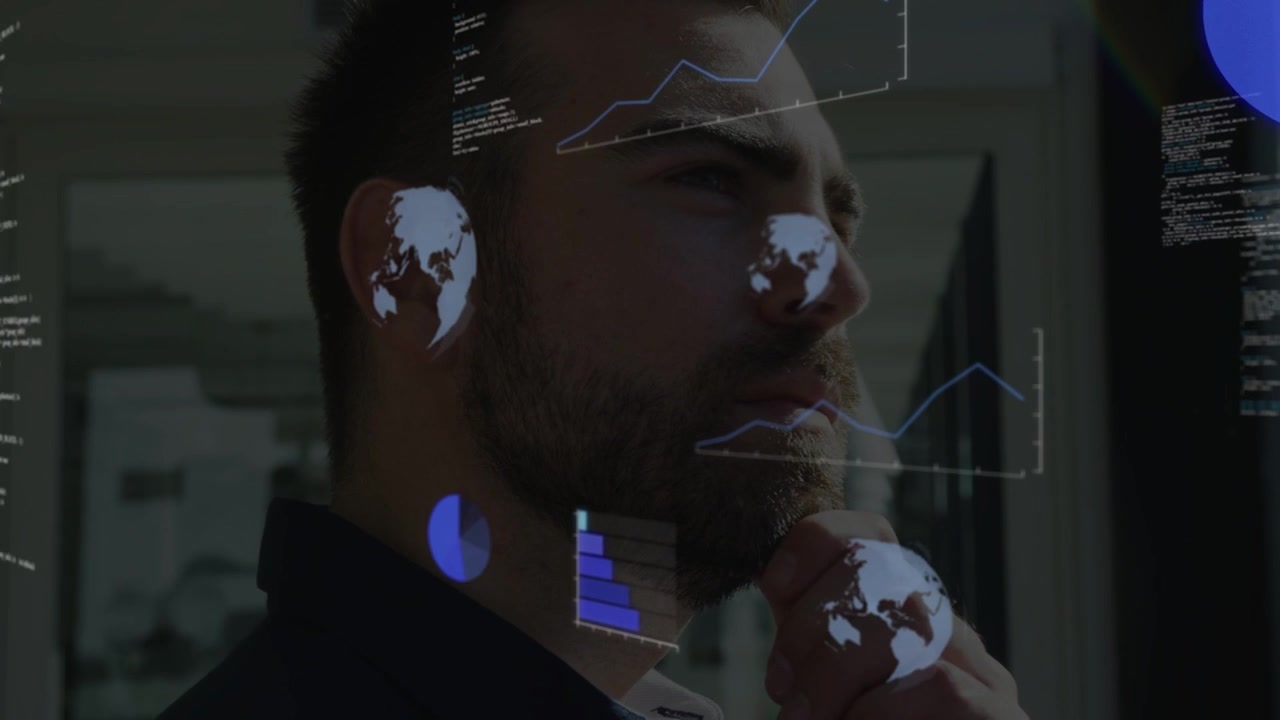 Tech pro analyzing layered charts at glass, incoming stream driving overlays onto face and torso