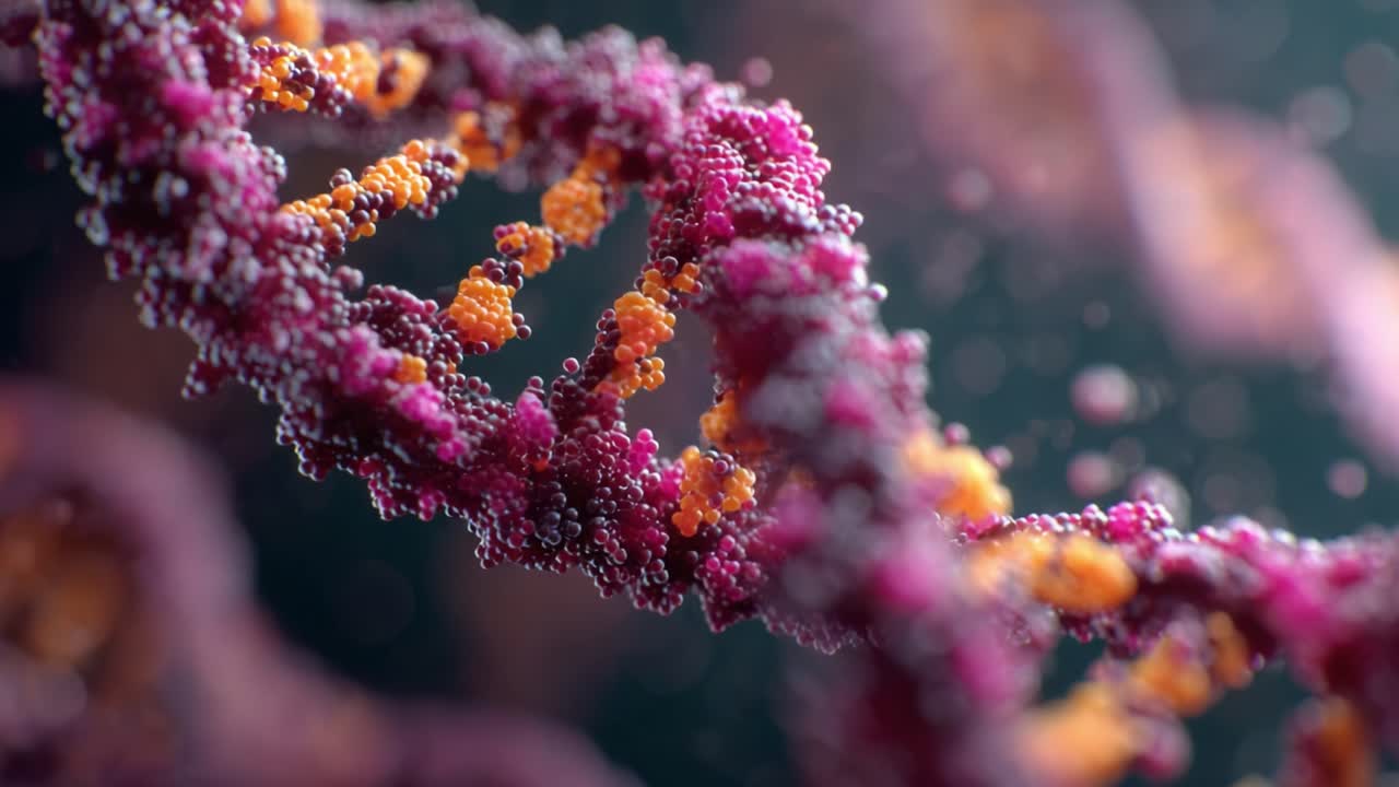 Splendida visualizzazione microscopica di una doppia elica di DNA con strutture complesse e modelli colorati, che mostra le informazioni genetiche con splendidi dettagli