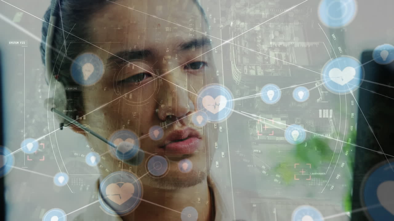 animación de conexiones con iconos sobre hombre de negocios usando auriculares de teléfono