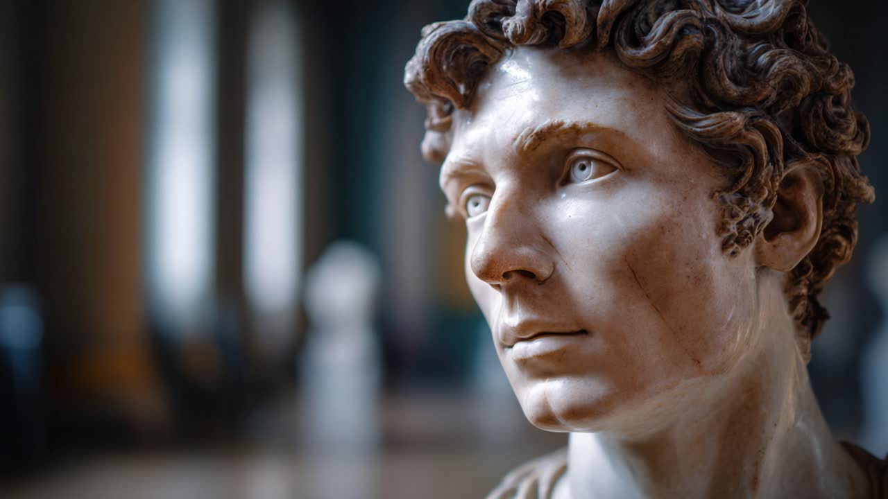 Primo piano dettagliato di una scultura in marmo che raffigura un giovane uomo con lineamenti intricati, illuminato da una luce naturale soffusa e con uno sfondo sfocato.