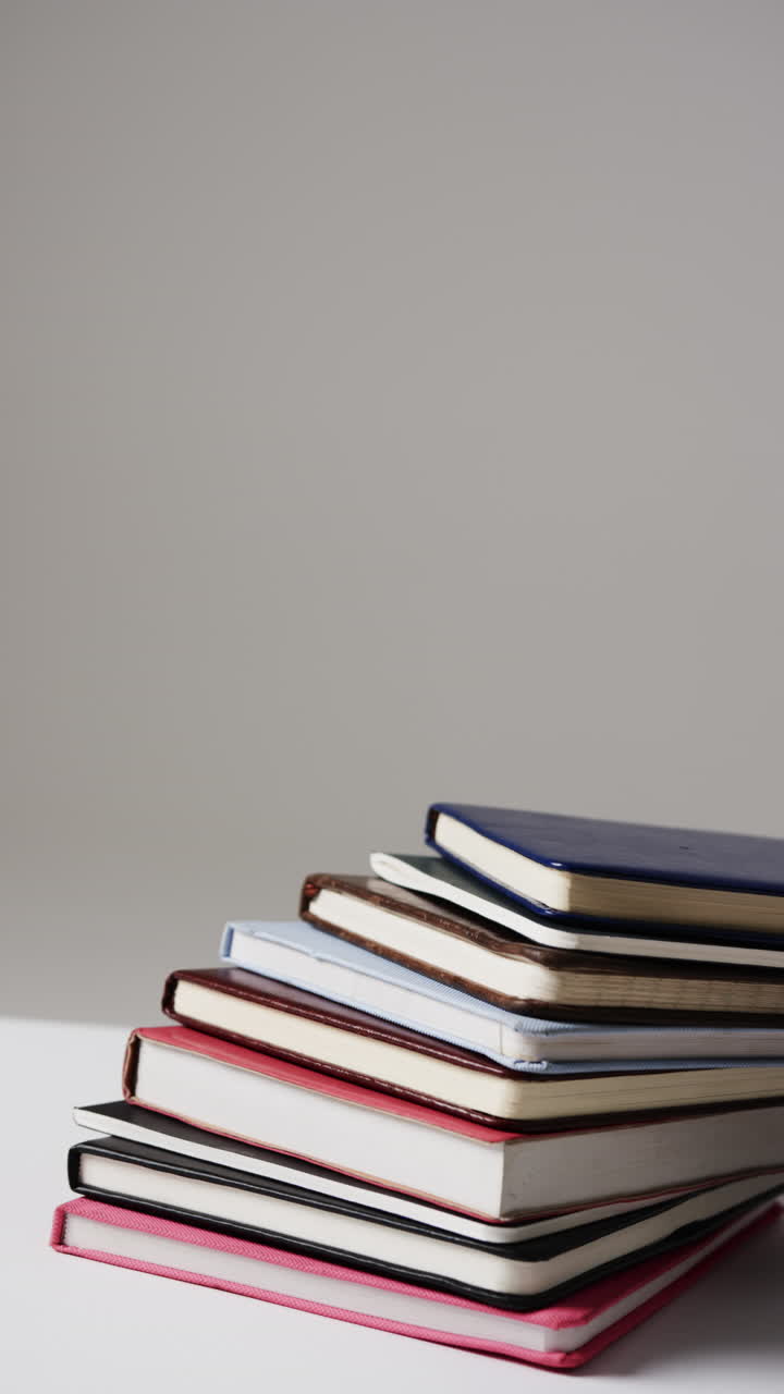 Vertical video of stack of books with copy space on grey background, in slow motion