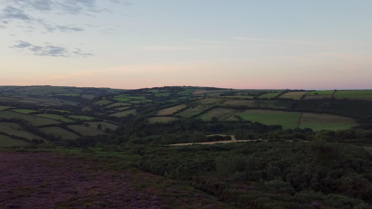 Drone aereo 4K, ripresa in avanzamento all'alba di campi e brughiera viola con orizzonte illuminato d'arancio, Exmoor, Devon, Regno Unito.