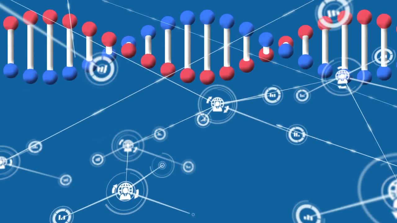 파란색 배경에 디지털 아이콘 네트워크를 통해 회전하는 dna 구조의 애니메이션