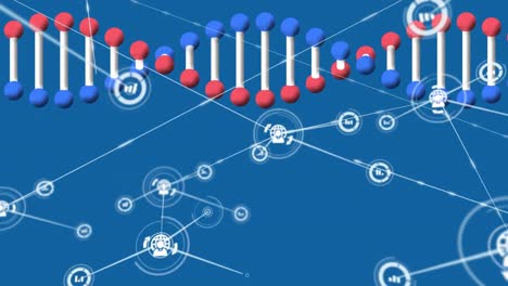 animación de la estructura del adn girando sobre una red de iconos digitales contra un fondo azul