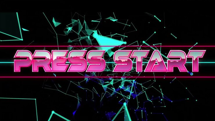 Animazione del testo "premi start" su connessioni geometriche blu su sfondo nero