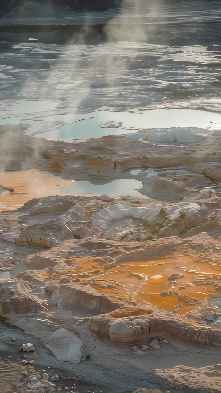 Vertical video: Venting steam terrace sending vapor over blue pools at hot-spring site, rust crusts