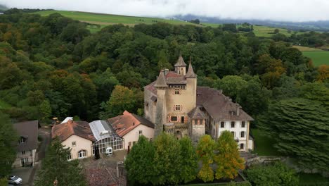 push in drone shot close to vaumarcus castle in canton of neuchatel switzerland