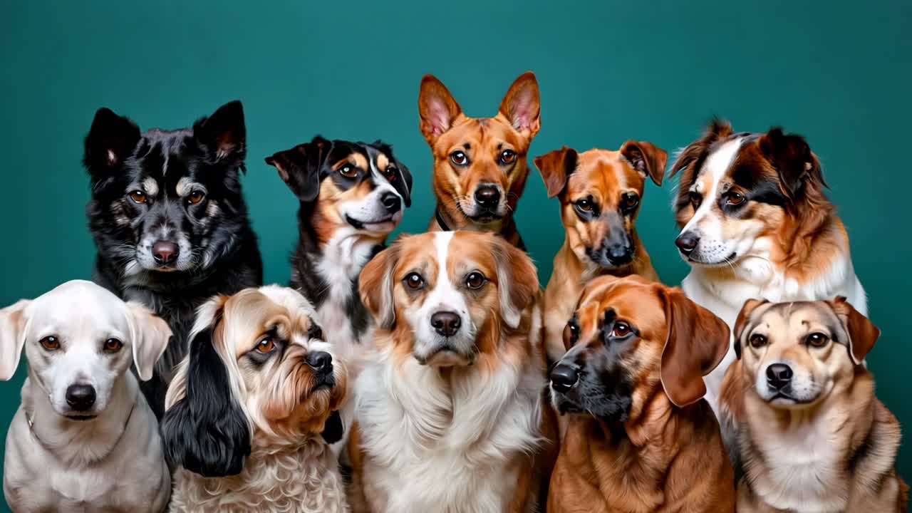 un grupo de perros de pie en una fila sobre un fondo azul