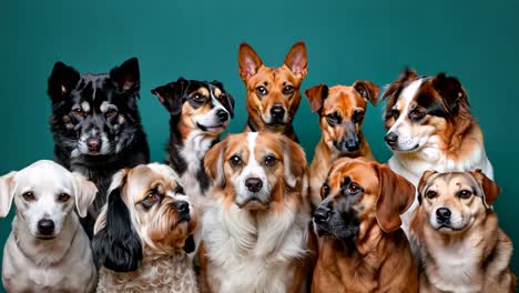 a group of dogs standing in a row on a blue background