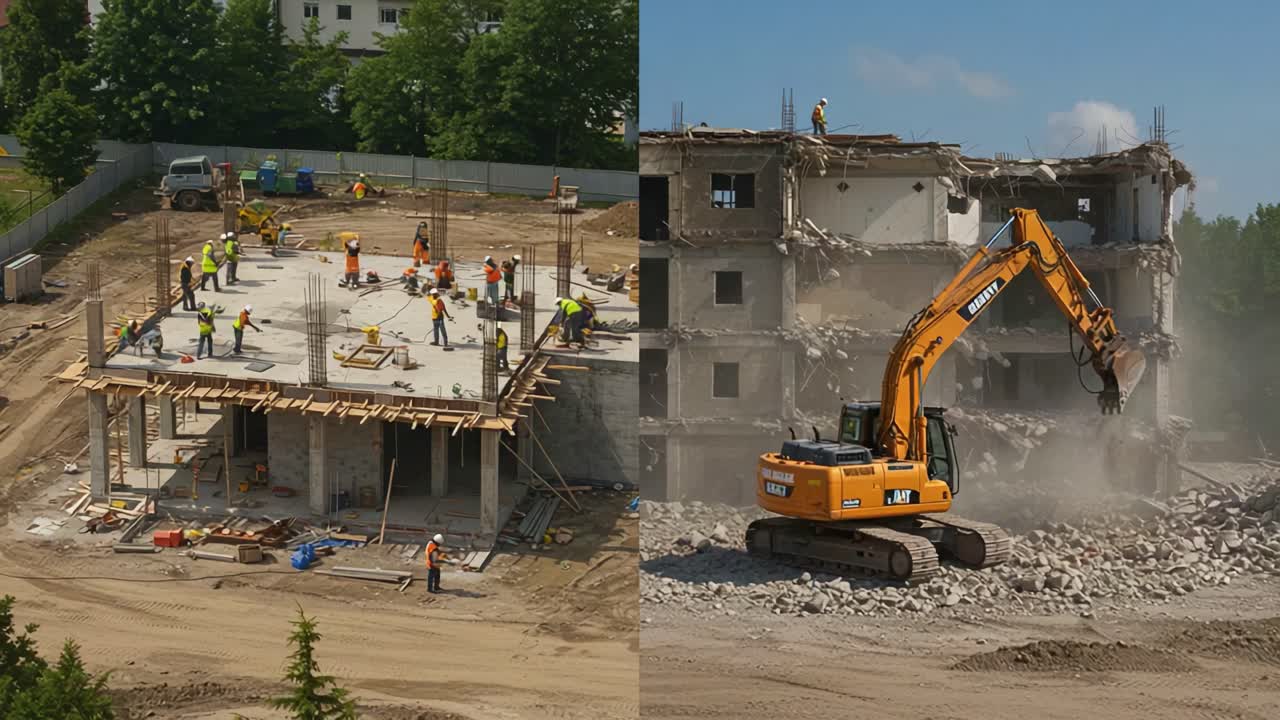 Transformative Construction Process: From Ground-Up Building to Demolition Showcasing Heavy Machinery and Skilled Labor at a Construction Site