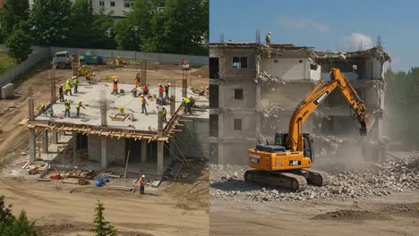 transformative construction process: from ground-up building to demolition showcasing heavy machinery and skilled labor at a construction site