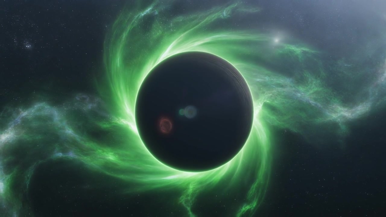 Buco nero circondato da una nebulosa verde luminosa nello spazio profondo