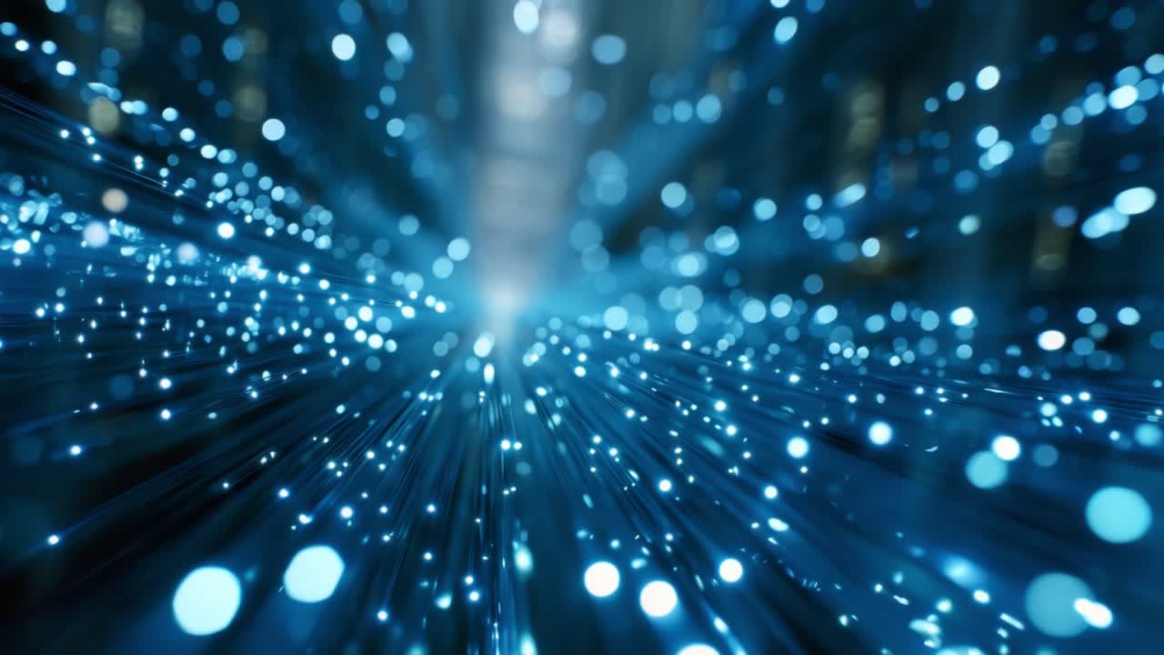 A mesmerizing journey through a world of shimmering particles and glowing lights, conveying motion, energy, and the beauty of digital landscapes in vivid blue hues