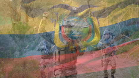 animación de la bandera de ecuador sobre varios soldados con armas