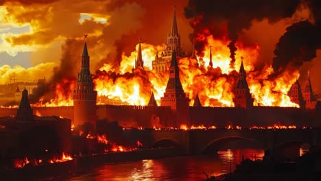 a large group of people standing on top of a bridge in front of a fire