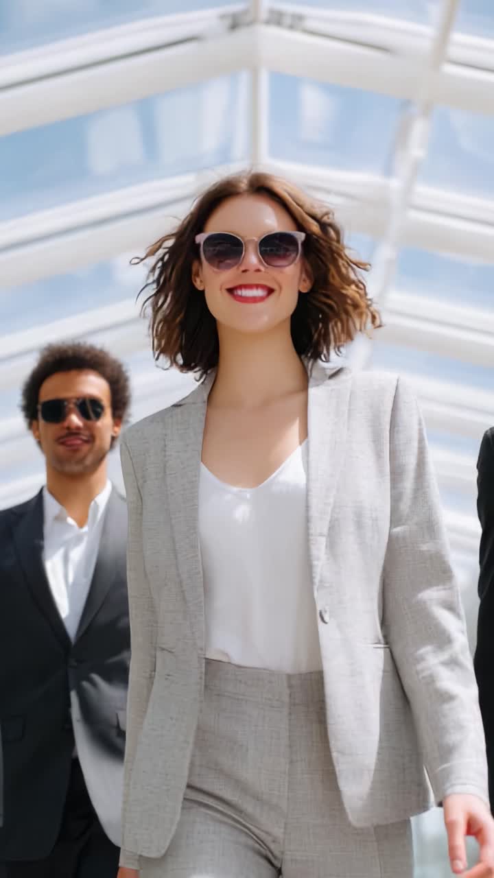 Confident Business Professionals Walking Together in Modern Urban Setting, Radiating Style and Empowerment under Bright Skylight, Emanating Team Spirit and Success