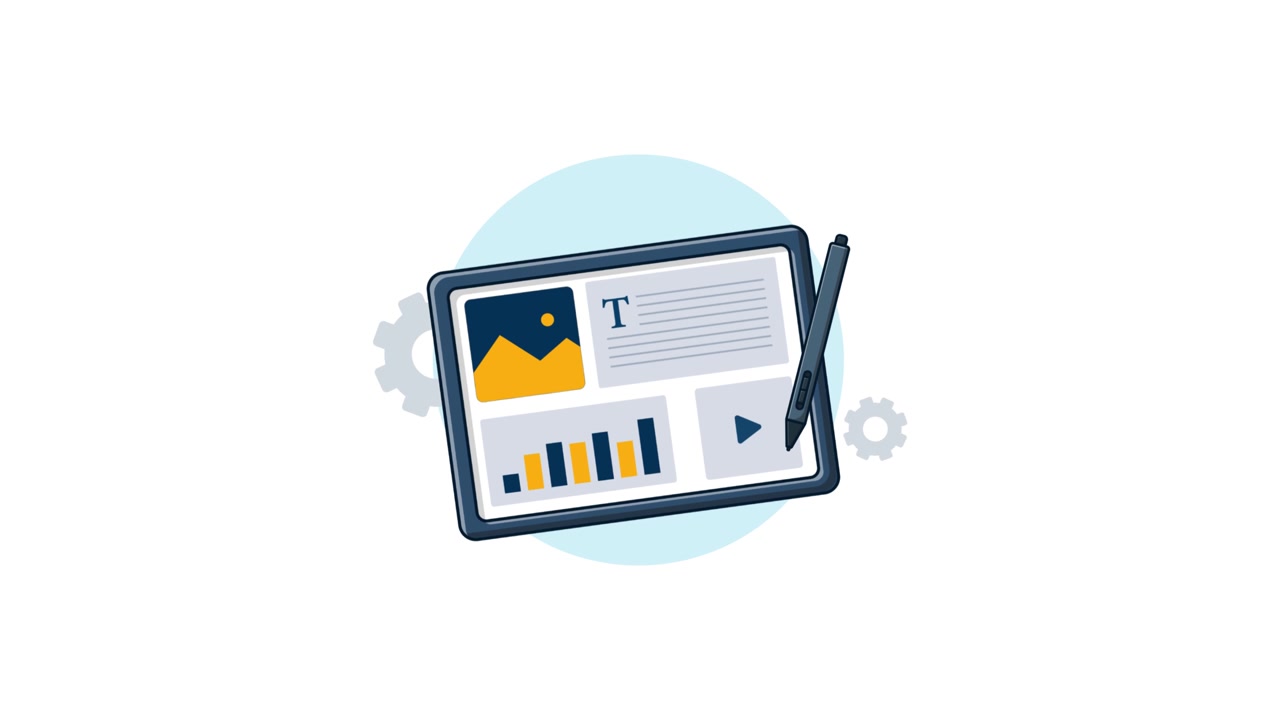 Animated Tablet Screen with Digital Content and Stylus