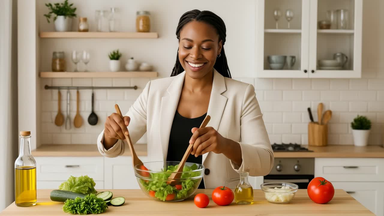 A cheerful woman prepares a salad in a modern kitchen. Shot from a front angle, this video captures