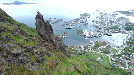 Panoramic-aerial-view-of-the-rocky-pinnacle-of-Svolvaergeita-in-spring