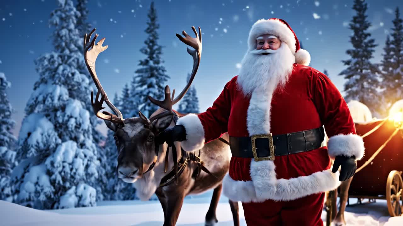 Santa Claus walking with his reindeer and sleigh in a snowy forest at night, ready to deliver gifts