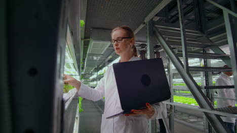 the camera moves through the corridors of a modern metal farm for growing vegetables and herbs a team of scientists using computers and modern technology controls the growth and health of the crop.