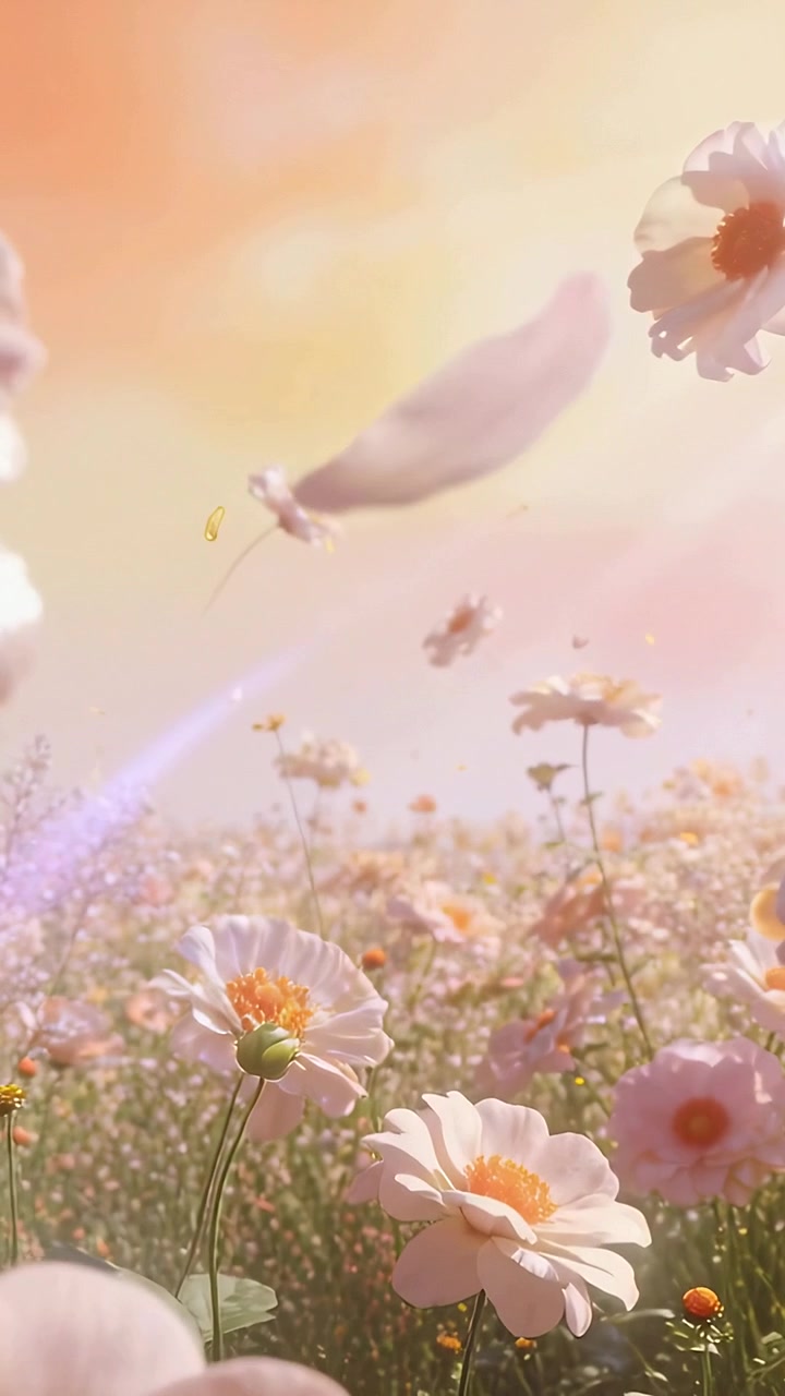 Vertical video: Drifting front pink daisy bunch releasing petals in meadow as breeze lifting to sky