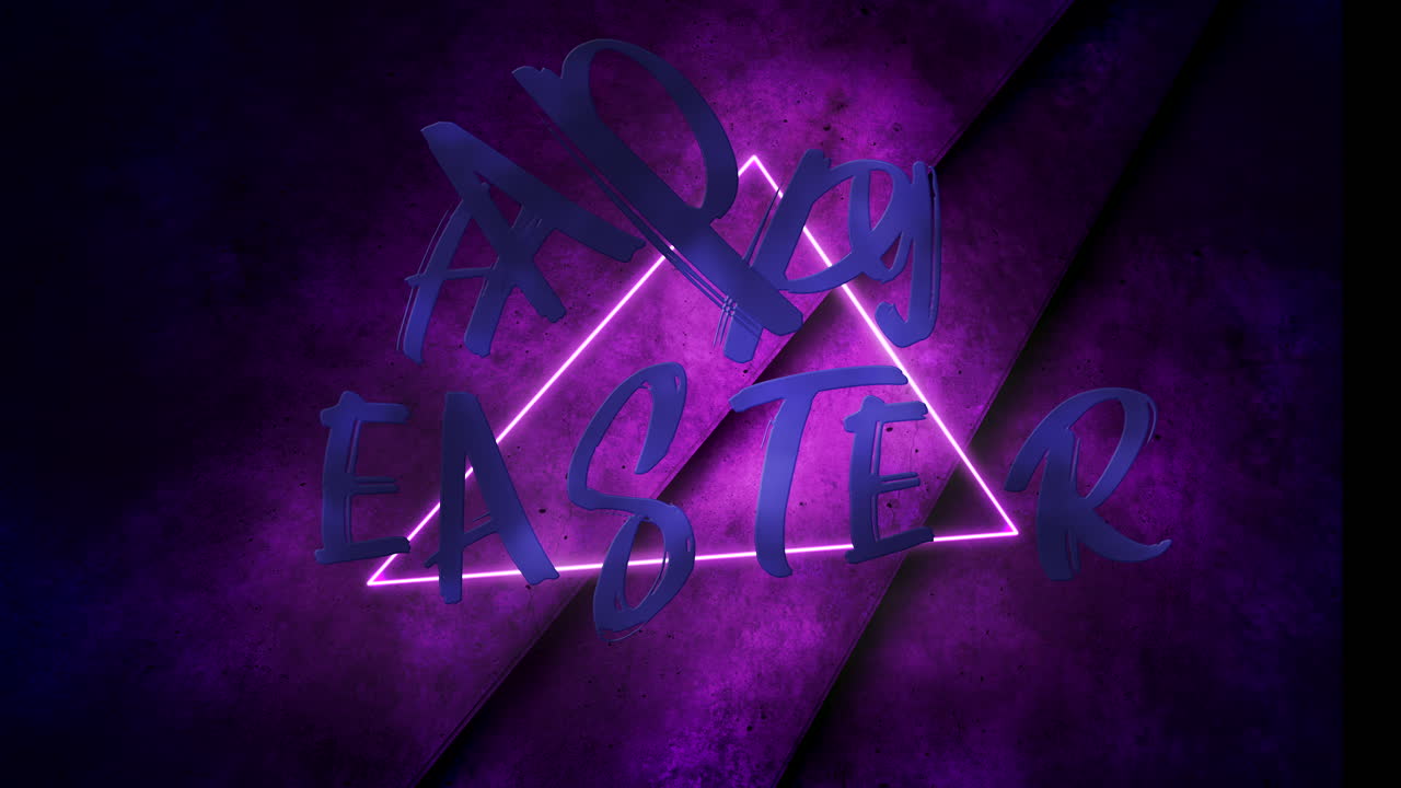 애니메이션 텍스트 행복 한 부활절 및 모션 보라색 네온 삼각형 벽에 추상적 인 배경