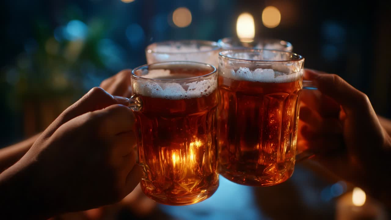 Gruppo di amici che brindano con tazze di birra