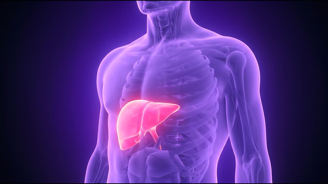 Glowing Human Liver Organ in a Transparent 3D Body Model