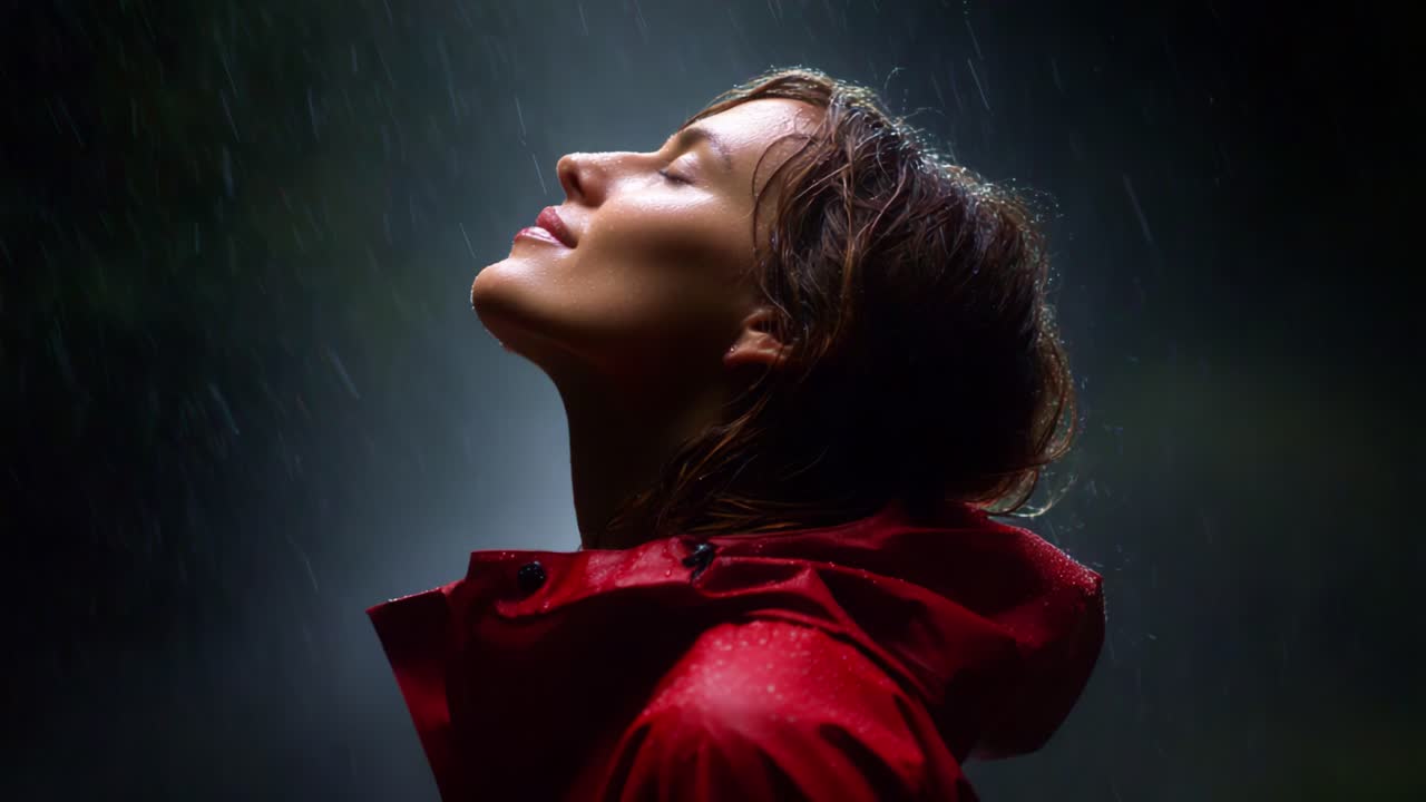 A woman stands in the rain, embracing the elements with a serene expression on her face, looking upwards while wearing a vibrant red jacket, capturing a moment of tranquility amidst a storm