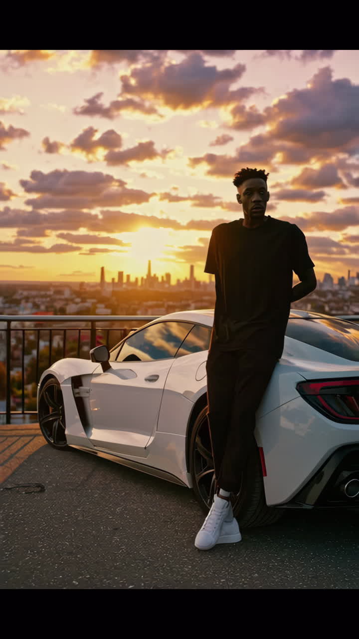 Uomo in posa accanto a un'auto sportiva al tramonto