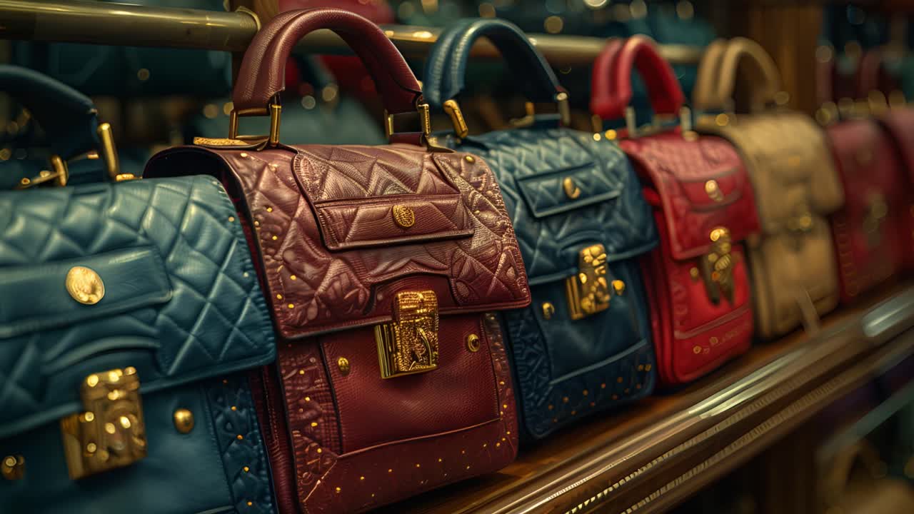 A row of luxurious designer handbags in various colors on display