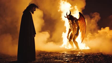 jesus and the devil in a fiery confrontation