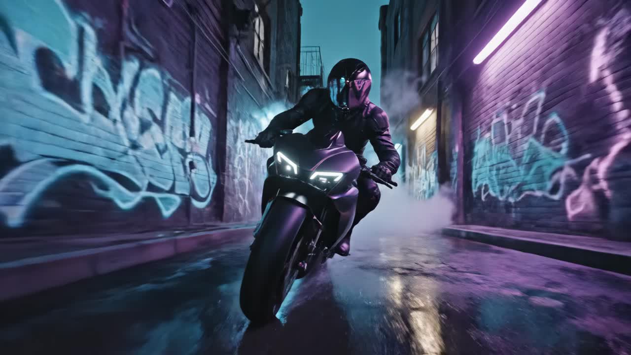 Motorcycle Rider in Urban Alley at Night