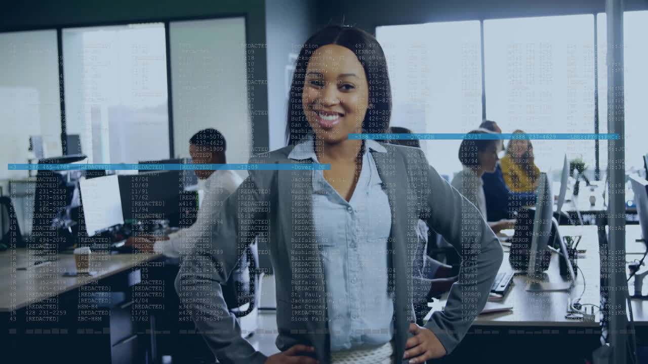 Animazione dell'elaborazione dei dati finanziari su diversi uomini d'affari in ufficio