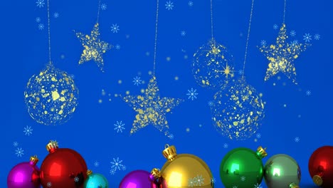 Animation-of-gold-christmas-stars-and-baubles-over-snowflakes-and-decorations-on-blue-background