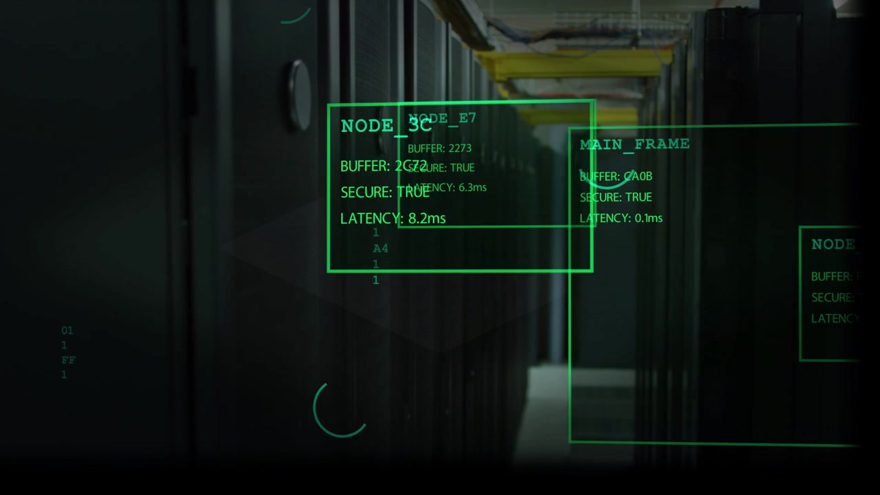 System scanner servergang, HUD-overlejringer glider hen over reoler og opdaterer nodestatus for overvågning