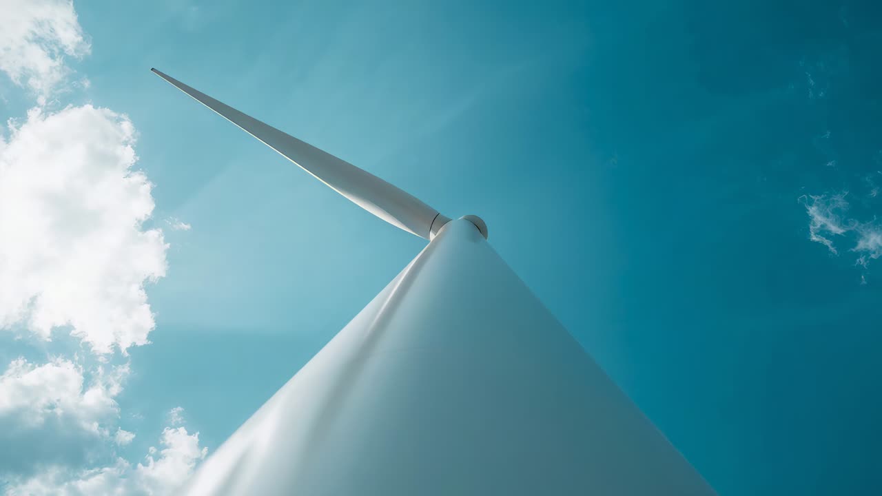 Roterende hvitt turbintårn med hub og bladvind som presser frem genererende kraft fra lav vinkel
