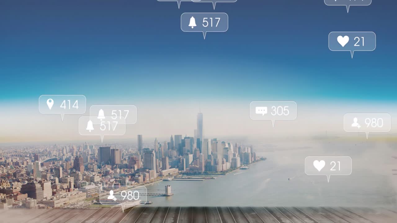 도시 풍경 위의 아이콘으로 연결된 네트워크의 애니메이션