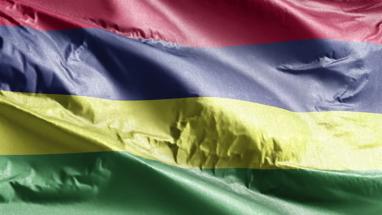 la bandera textil de mauritius ondeando en el bucle del viento. la bandera mavrik balanceándose en la brisa. el tejido textil de la tela. el fondo de relleno completo. bucle de 10 segundos.