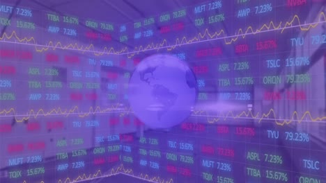 Animation-of-globe-over-trading-board-against-empty-warehouse-in-background