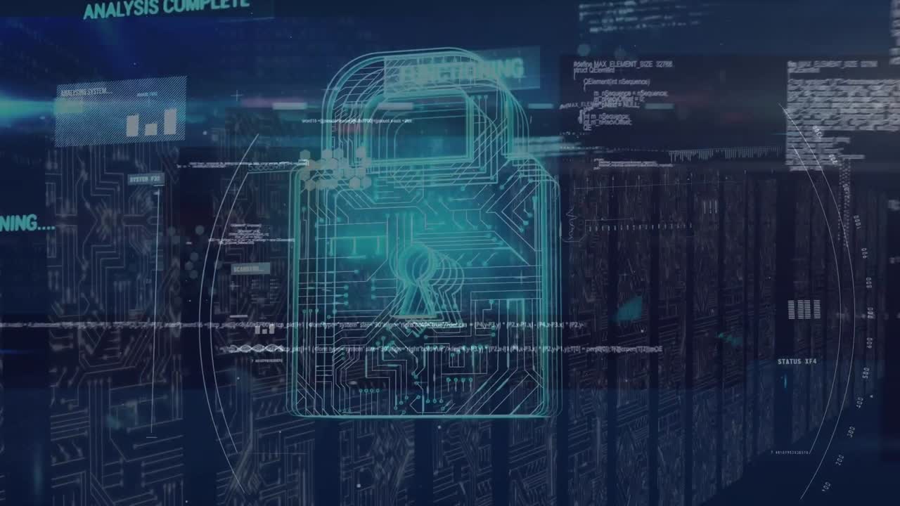 Animation of digital padlock with integrated circuit over data processing on black background