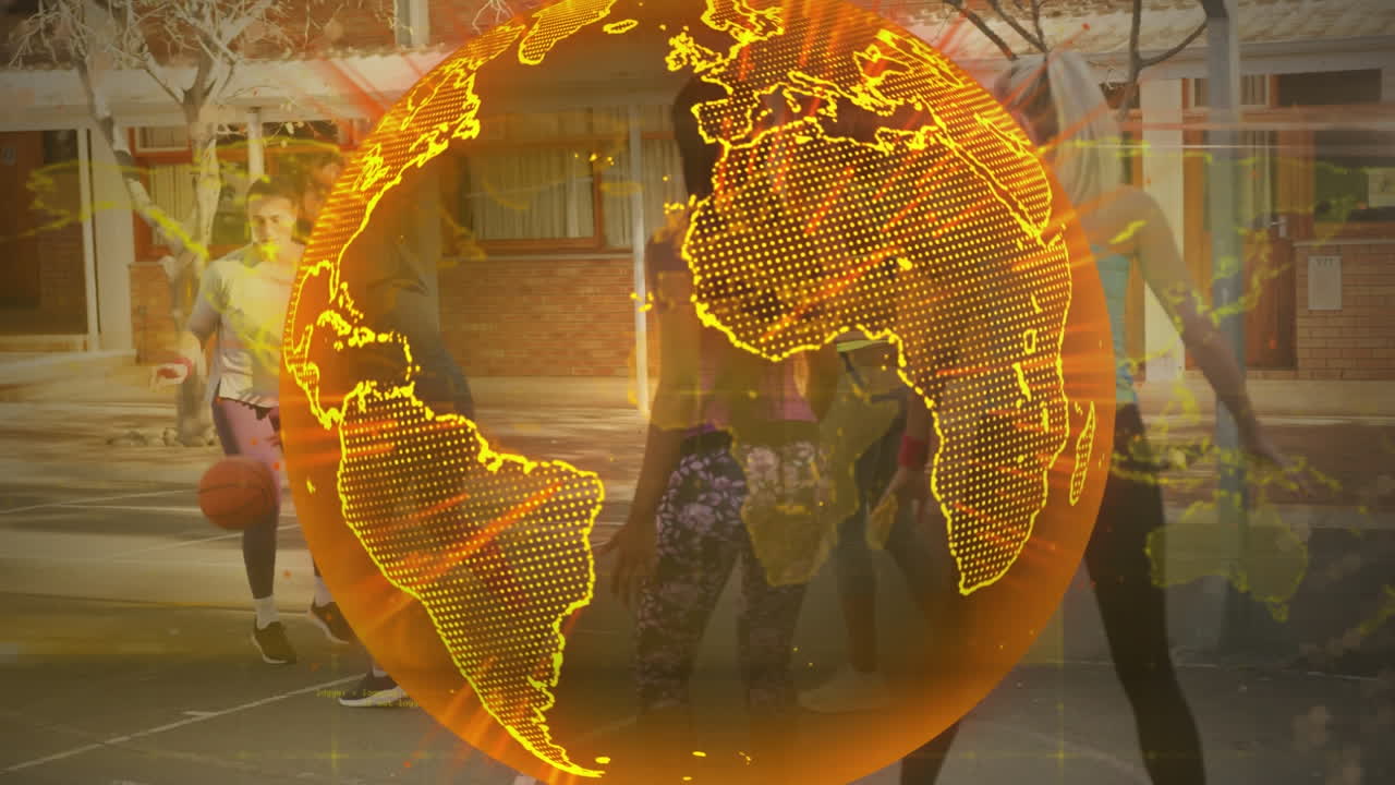 animación del globo sobre el equipo femenino jugando baloncesto