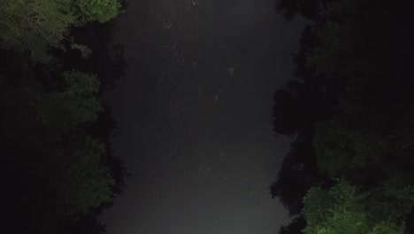 Birds-eye-view-of-an-indigenous-person-paddling-a-canoe-in-a-rainforest-river