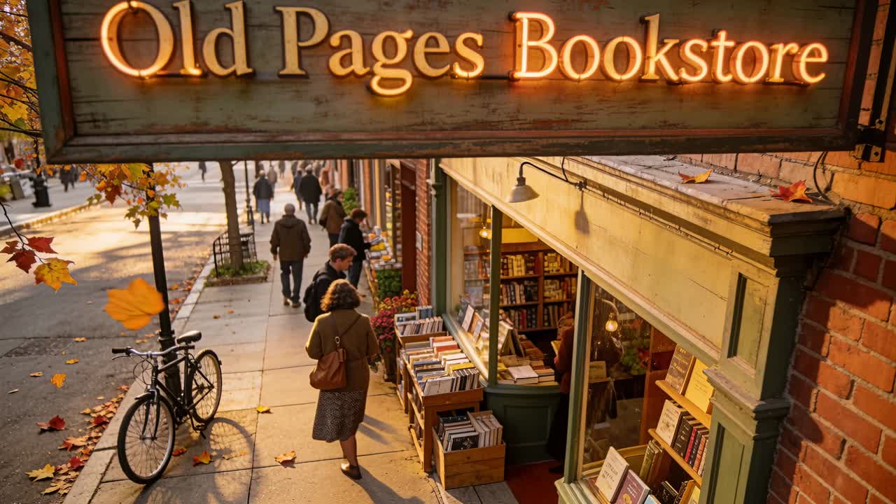 Avvicinandosi a un tavolo esterno, una donna in cappotto e un uomo sfogliano libri su una strada autunnale, con un'insegna di libreria.