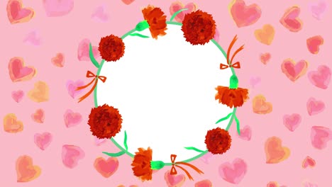 círculo de clavel de acuarela y corazones en bucle animación