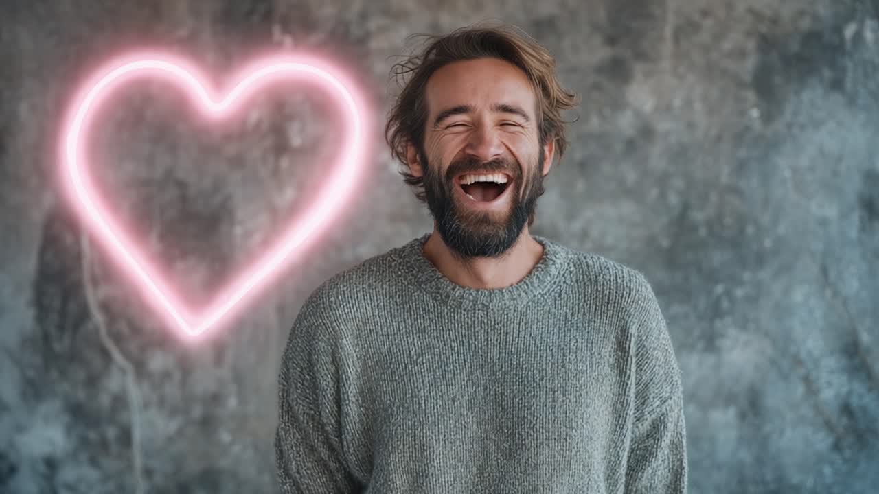 Joyful Man Laughing with a Neon Heart Symbol in the Background, Capturing a Moment of Happiness and Positive Vibes in a Stylish Environment