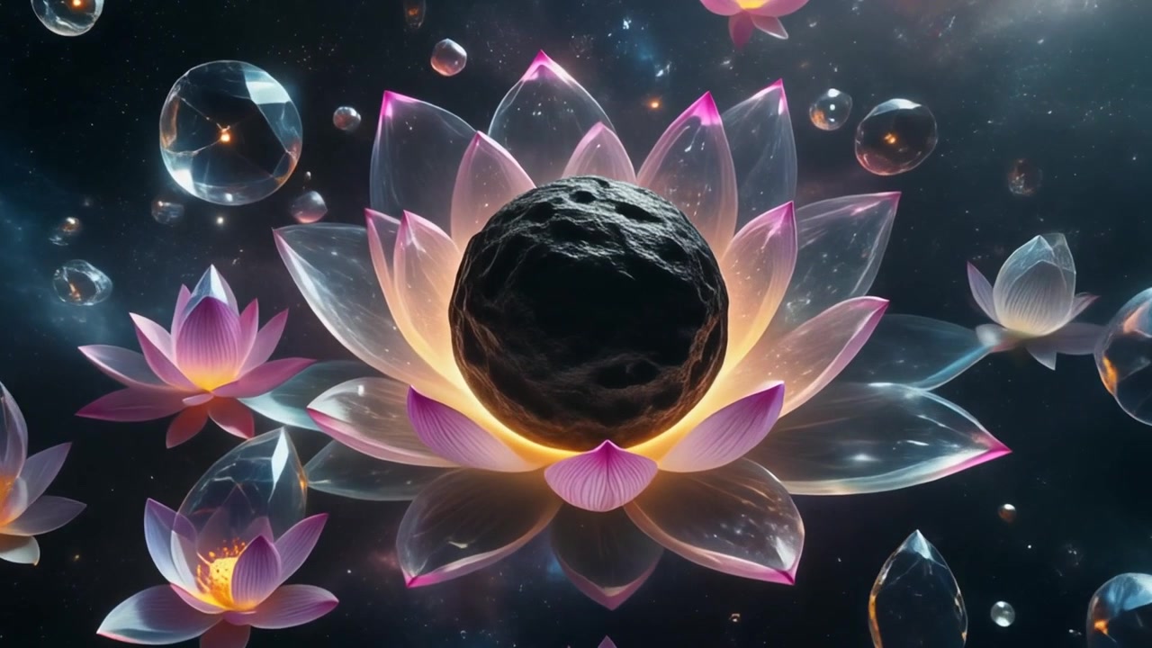 Fiore di loto cosmico surreale con sfere di cristallo galleggianti nello spazio